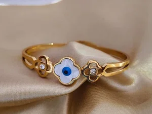 Korean Style Evil Eye Flower Bracelet - Gold Toned Stainless Steel Kada for Girls - Available at AfnoBazar Nepal