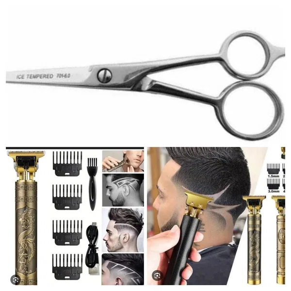 Professional T9 Hair Trimmer & Ice Tempered Scissors Combo Set - Vintage Dragon Beard Shaver Barber Kit - Available at AfnoBazar Nepal