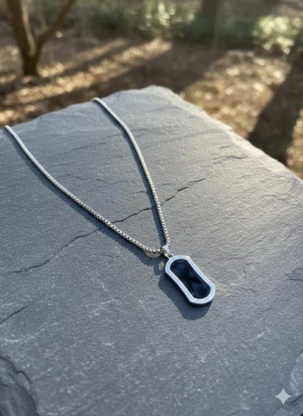 Stylish Titanium Steel Black Stone Pendant Necklace - Trendy Elegant Neck Piece Jewelry For Men - Available at AfnoBazar Nepal