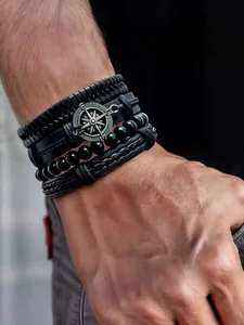 4Pcs Multilayer Braided Leather Bracelet for Men Women Girls, Vintage Black Beaded Wrap Bracelet Set - Available at AfnoBazar Nepal