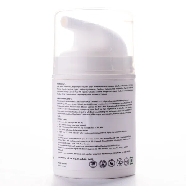 RHYN Derma Aqua Gel Sunscreen SPF 50+ PA+++ with Hyaluronic Acid and Vitamin B5 - 50 ml