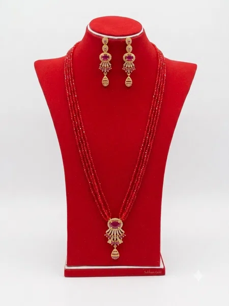 5-Layered Red Crystal Pote Necklace Set with Gold-Plated Ruby Earrings