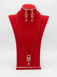 5-Layered Red Crystal Pote Necklace Set with Gold-Plated Ruby Earrings