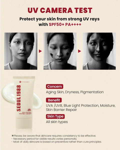 K-SECRET Sunscreen SPF 50+ PA++++, 50ml, Pine Tree and Ceramide Formula - Available at AfnoBazar Nepal