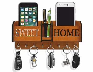 Wooden Sweet Home Wall-Mounted Key Holder with 6 Hooks, Mobile and Pen Stand - Available at AfnoBazar Nepal