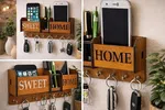 Wooden Sweet Home Wall-Mounted Key Holder with 6 Hooks, Mobile and Pen Stand - Available at AfnoBazar Nepal