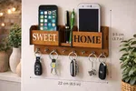 Wooden Sweet Home Wall-Mounted Key Holder with 6 Hooks, Mobile and Pen Stand - Available at AfnoBazar Nepal