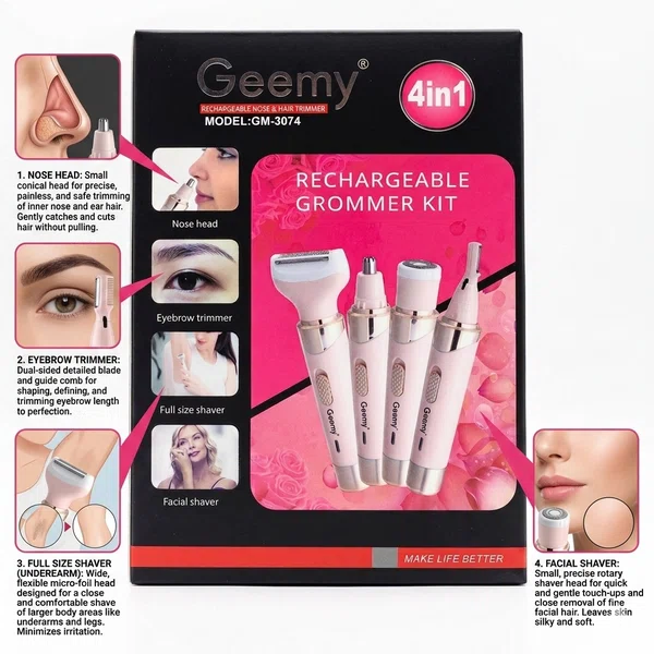 Geemy 4-in-1 Rechargeable Nose and Facial Hair Trimmer Kit for Women - Available at AfnoBazar Nepal