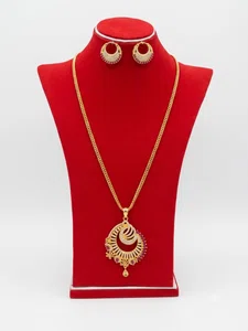 Gold-Plated Crescent Necklace and Earrings Set with Ruby and Zirconia Accents - Available at AfnoBazar Nepal