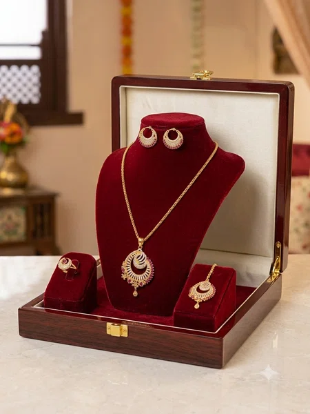 Gold-Plated Crescent Necklace and Earrings Set with Ruby and Zirconia Accents - Available at AfnoBazar Nepal