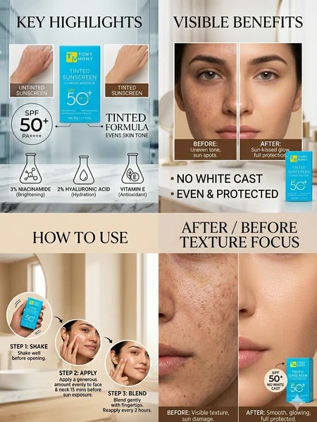 Tony Mony Tinted Sunscreen SPF 50+ PA++++ with 3% Niacinamide and 2% Hyaluronic Acid - Available at AfnoBazar Nepal
