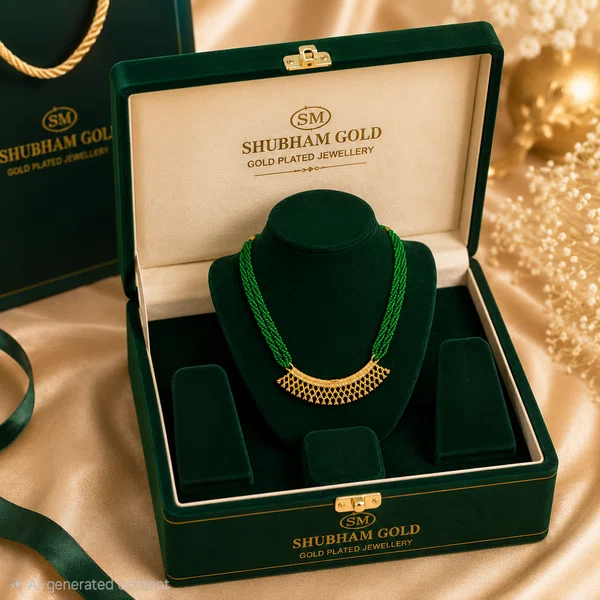 Green Pote Mala with Gold Plated Pendant, Handmade Nepali Green Beads Necklace - Available at AfnoBazar Nepal