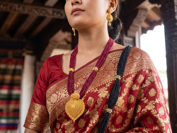 Traditional Multi-Strand Red Pote Necklace Set with Gold Filigree Pendant and Earrings - Available at AfnoBazar Nepal