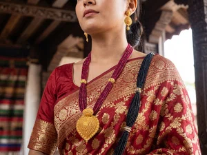 Traditional Multi-Strand Red Pote Necklace Set with Gold Filigree Pendant and Earrings - Available at AfnoBazar Nepal