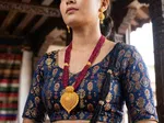 Traditional Multi-Strand Red Pote Necklace Set with Gold Filigree Pendant and Earrings - Available at AfnoBazar Nepal