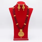 Traditional Multi-Strand Red Pote Necklace Set with Gold Filigree Pendant and Earrings - Available at AfnoBazar Nepal