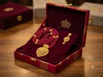 Traditional Multi-Strand Red Pote Necklace Set with Gold Filigree Pendant and Earrings - Available at AfnoBazar Nepal