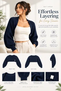 Women's Navy Blue Cropped Knit Shrug - Available at AfnoBazar Nepal