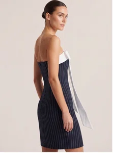 Navy Pinstripe Strapless Mini Dress with White Bow - Available at AfnoBazar Nepal