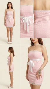 Pink Strapless Mini Dress with Lace Trim and Satin Bow Belt - Available at AfnoBazar Nepal