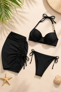 Women's 3-Piece Bikini Set with Ruched Cover-Up Skirt - Available at AfnoBazar Nepal