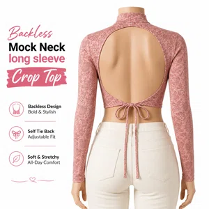 Women's Backless Mock Neck Long Sleeve Crop Top, Pink Print - Available at AfnoBazar Nepal