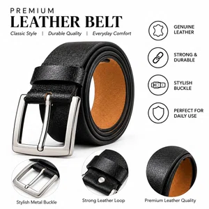 Men's Black Leather Belt with Silver Metal Buckle - Available at AfnoBazar Nepal