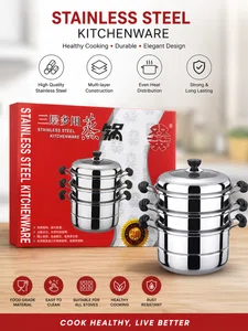 Stainless Steel 3-Tier Momo Steamer Pot with Lid - Available at AfnoBazar Nepal