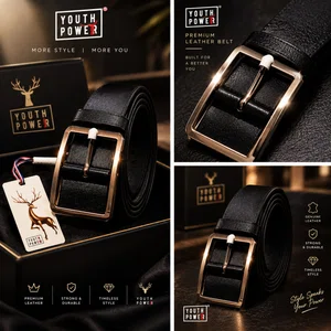 Youth Power Men's Black Leather Belt with Metal Pin Buckle - Available at AfnoBazar Nepal