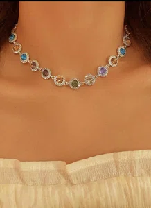 1pc Full Diamond Colored Crystal Cubic Zirconia Necklace, Exaggerated And Boutique Stylish Dopamine Clavicle Chain With High-End And Advanced Choker For Summer, European And American Style - Available at AfnoBazar Nepal