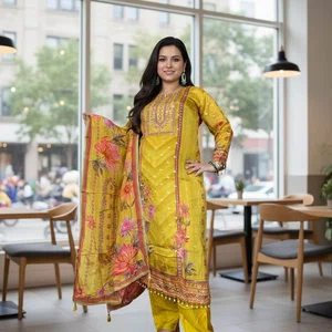 Luxurious Mustard Yellow Crepe Silk Suit Set - Available at AfnoBazar Nepal