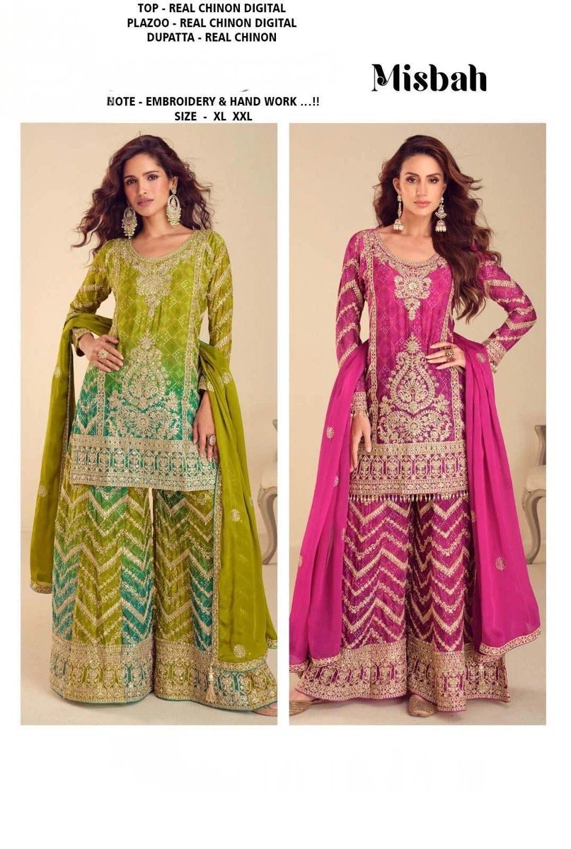 Misbah Real Chinon Digital & Handwork Plazzo Set - Available at AfnoBazar Nepal