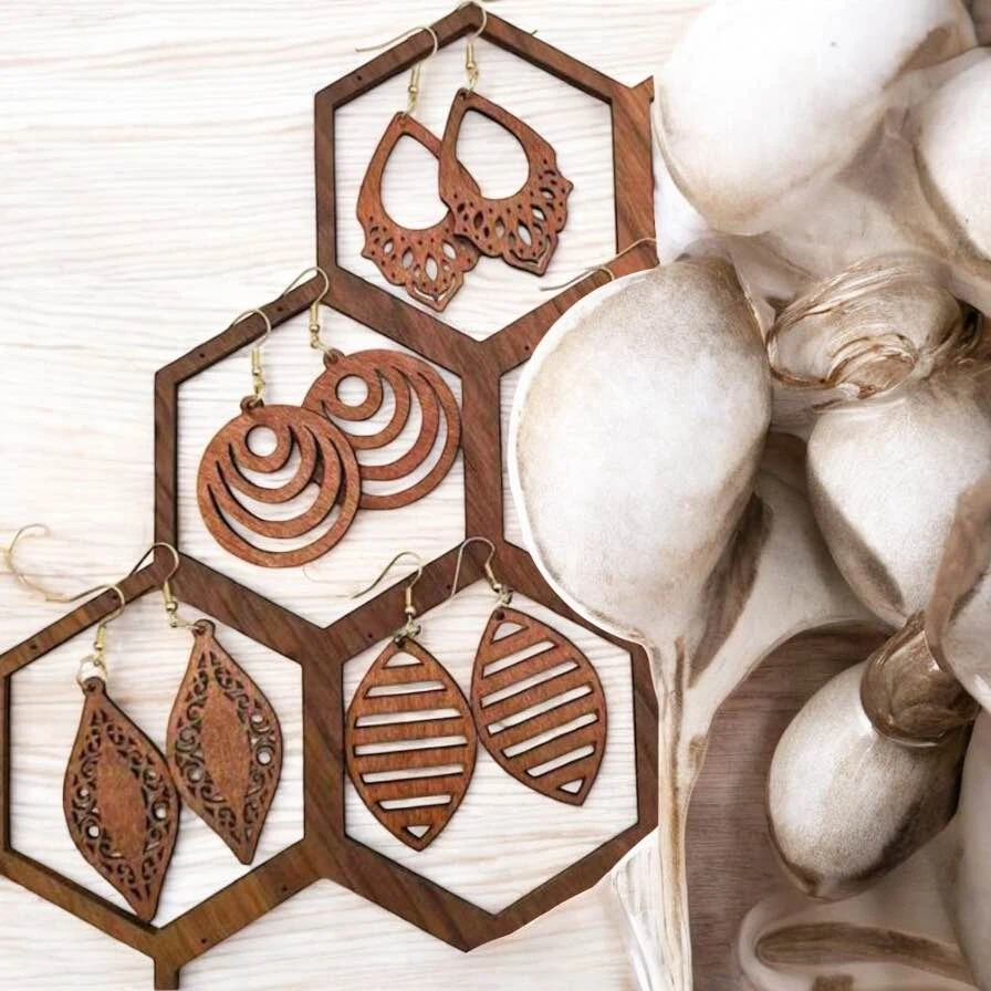4 Pairs Of Wooden Earrings For Women - Available at AfnoBazar Nepal