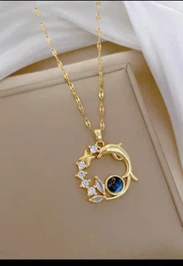 Gorgeous Starry Sky Planet Round Dolphin Copper Inlaid Cubic Zirconia Pendant Necklace Jewelry Fashion Ladies Charm Party Decoration Accessory Elegant Stainless Steel Chain - Available at AfnoBazar Nepal