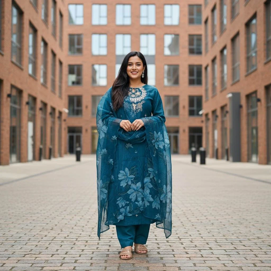 Peacock Teal Muslin Suit with Organza Dupatta - Available at AfnoBazar Nepal