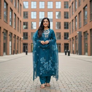 Peacock Teal Muslin Suit with Organza Dupatta - Available at AfnoBazar Nepal