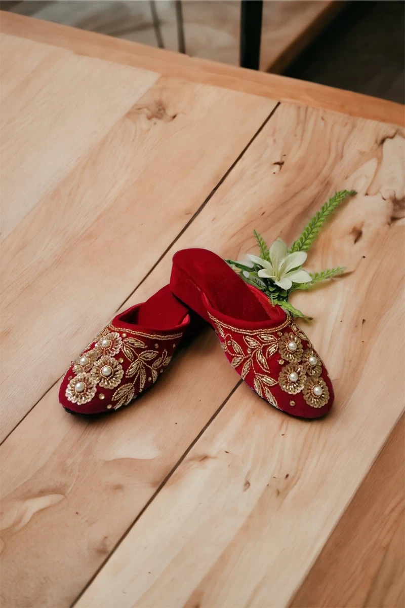 Red Color 100% Hand Made Pure Velvet Chatti Dhukoo | Party Wear Floral Design Bridal Sandals For Women - Available at AfnoBazar Nepal