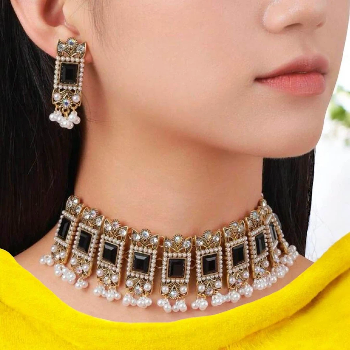 Heavy Black And White Set Jewellery Set For Women - Available at AfnoBazar Nepal