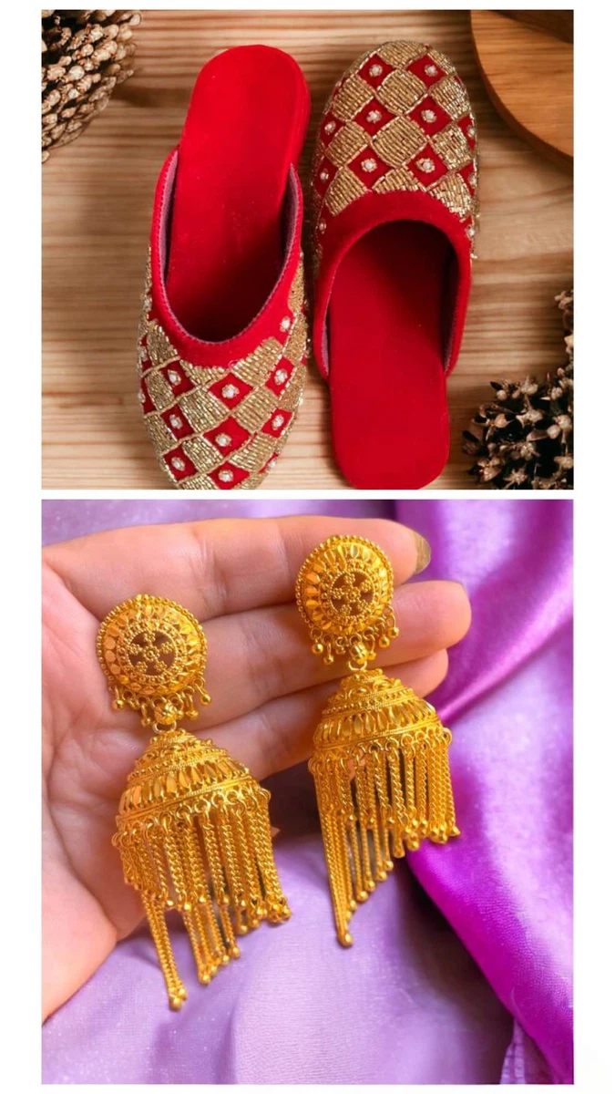 Red Embroidered Slippers & Elegant Gold Jhumka Set - Available at AfnoBazar Nepal
