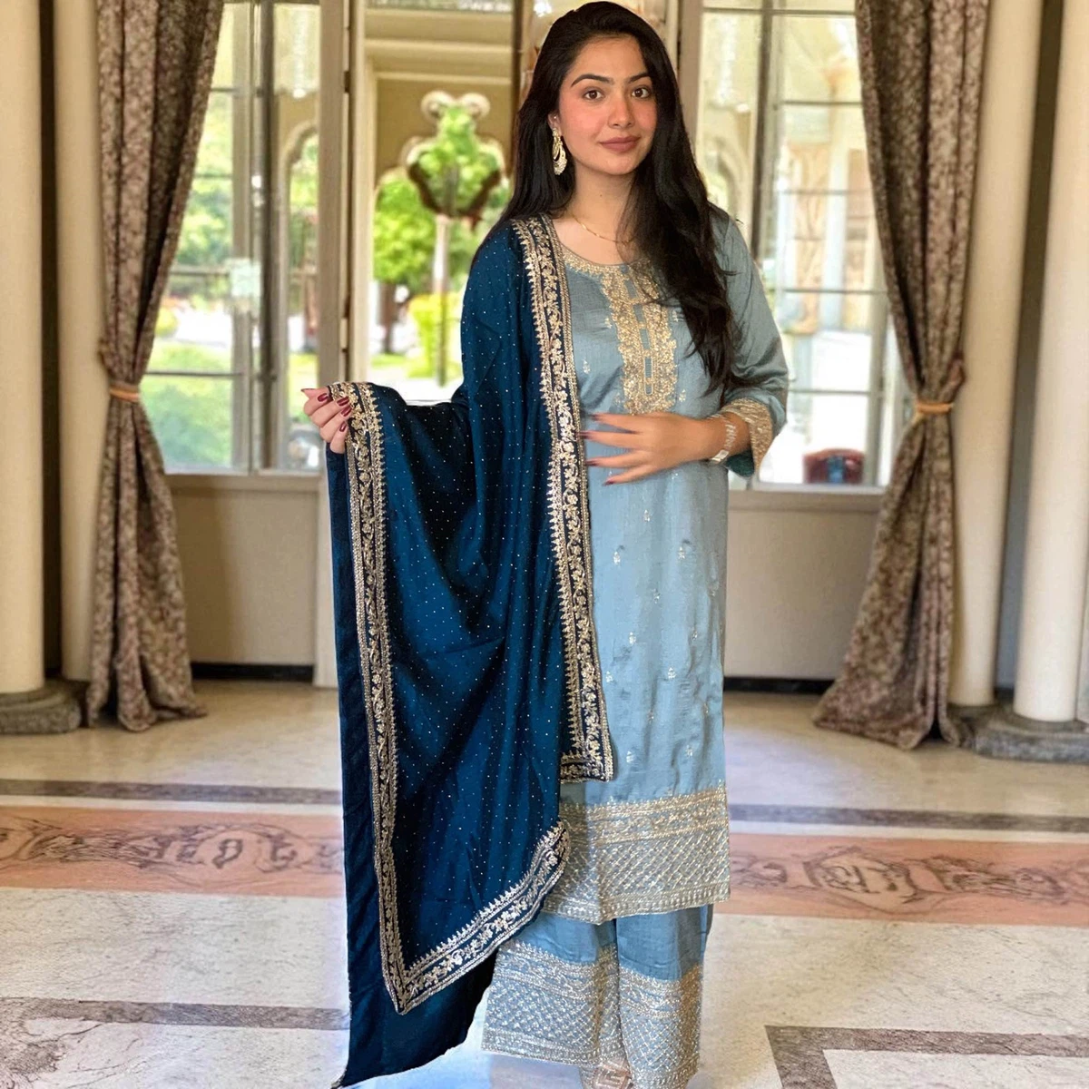 Elegant Powder Blue & Teal Embroidered 3-Piece Silk Suit Set - Available at AfnoBazar Nepal