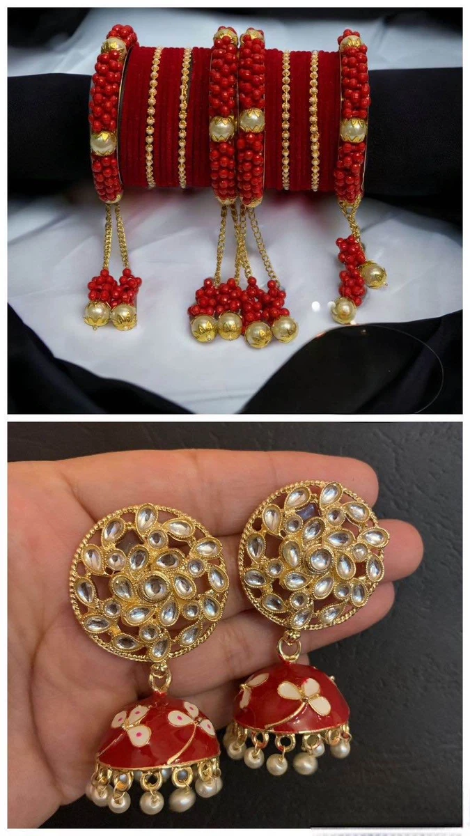 Traditional Red Chura and Earring Set - Handcrafted Beauty - Available at AfnoBazar Nepal