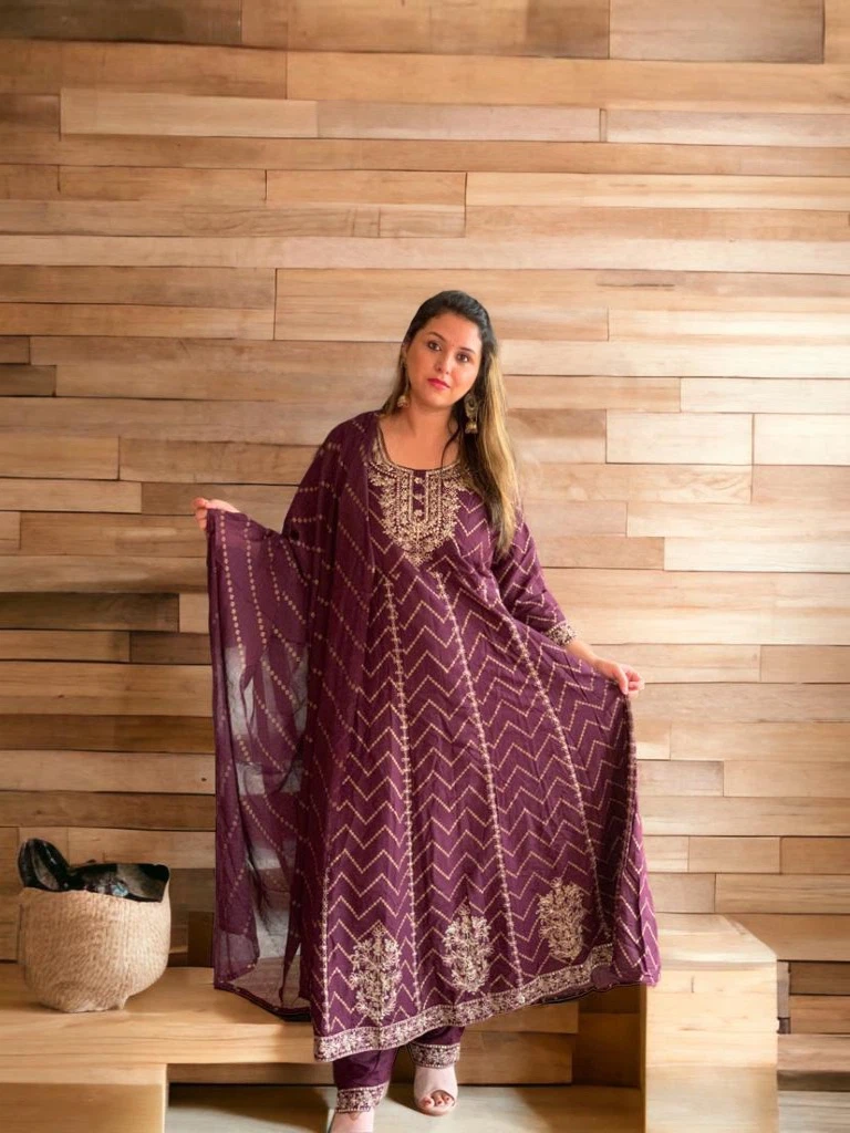 Wine Colour 3 Piece Umbrella Style Kurti Set For Women - Available at AfnoBazar Nepal