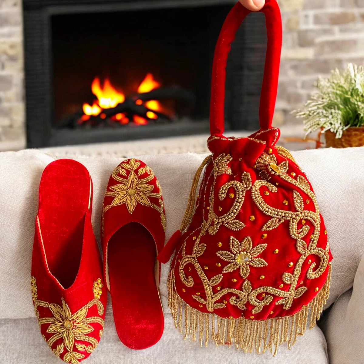 Luxurious Red Velvet Embroidered "Chatti & Thaili" Set - Bridal & Festive Perfection - Available at AfnoBazar Nepal