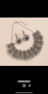 Faux Pearl Pendant Jhumka Earrings & Necklace Set - Antique Silver - Available at AfnoBazar Nepal