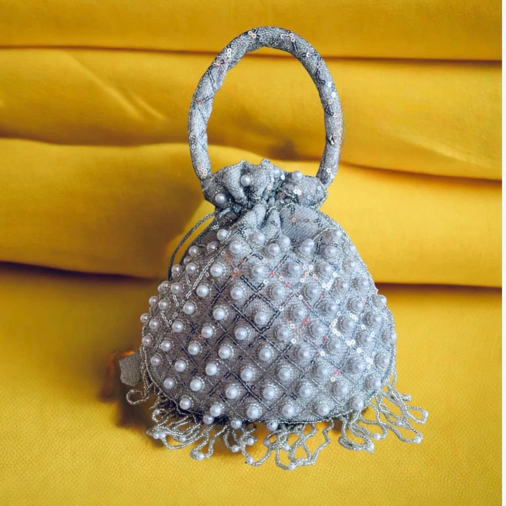 Silver Pearl Design Handmande Thaili For Women | Silver Color Traditional Thaili Purse For Women | Thaili For Women - Available at AfnoBazar Nepal