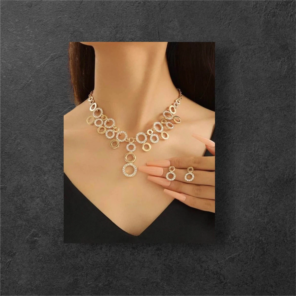 3pcs/set Gold Plated Circle Shaped Jewelry Set With Full Rhinestone For Women's Gorgeous Banquet - Available at AfnoBazar Nepal