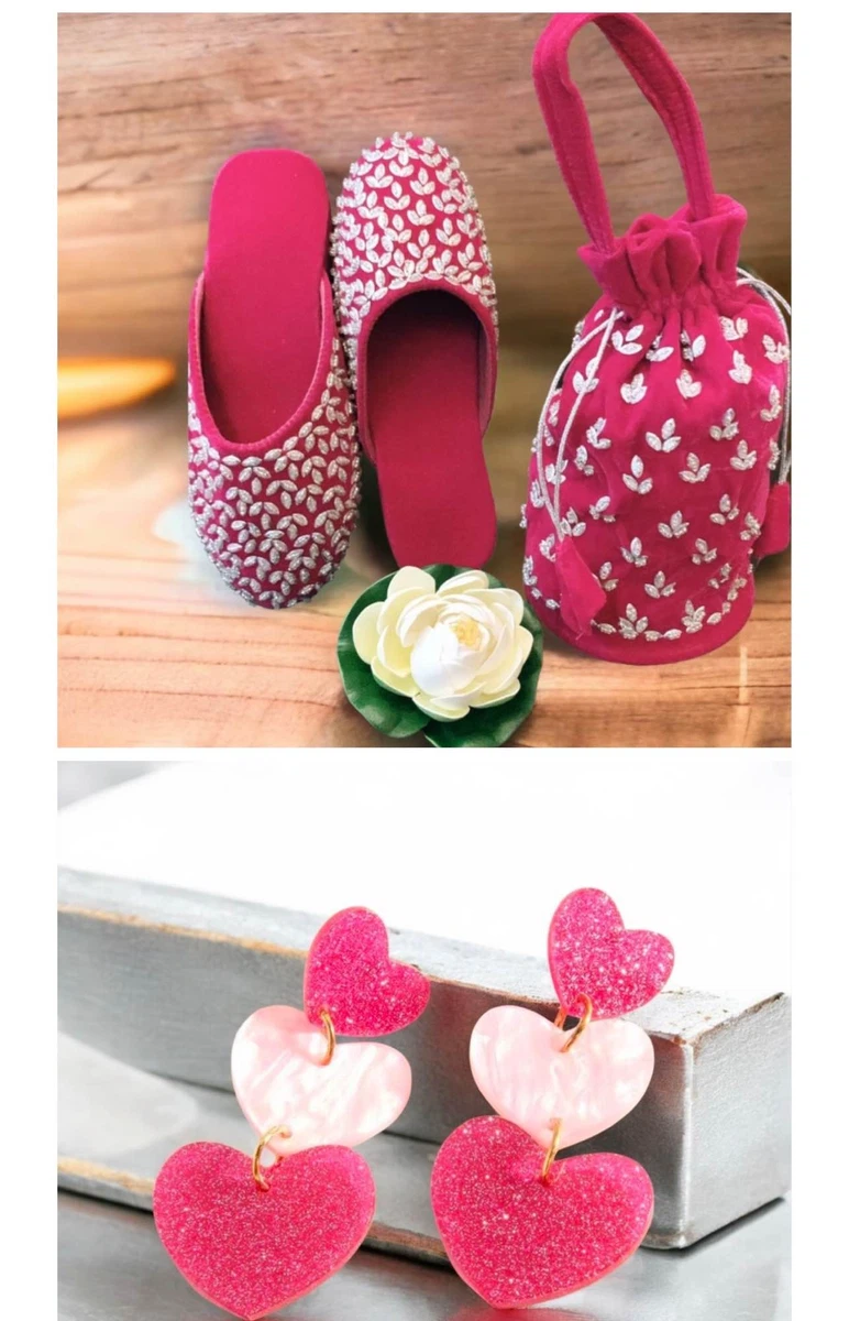 Pink Embellished Shoes, Bag & Heart Earrings - Available at AfnoBazar Nepal