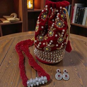 Regal Red Velvet Potli Bag & Statement Jewelry Set - Available at AfnoBazar Nepal