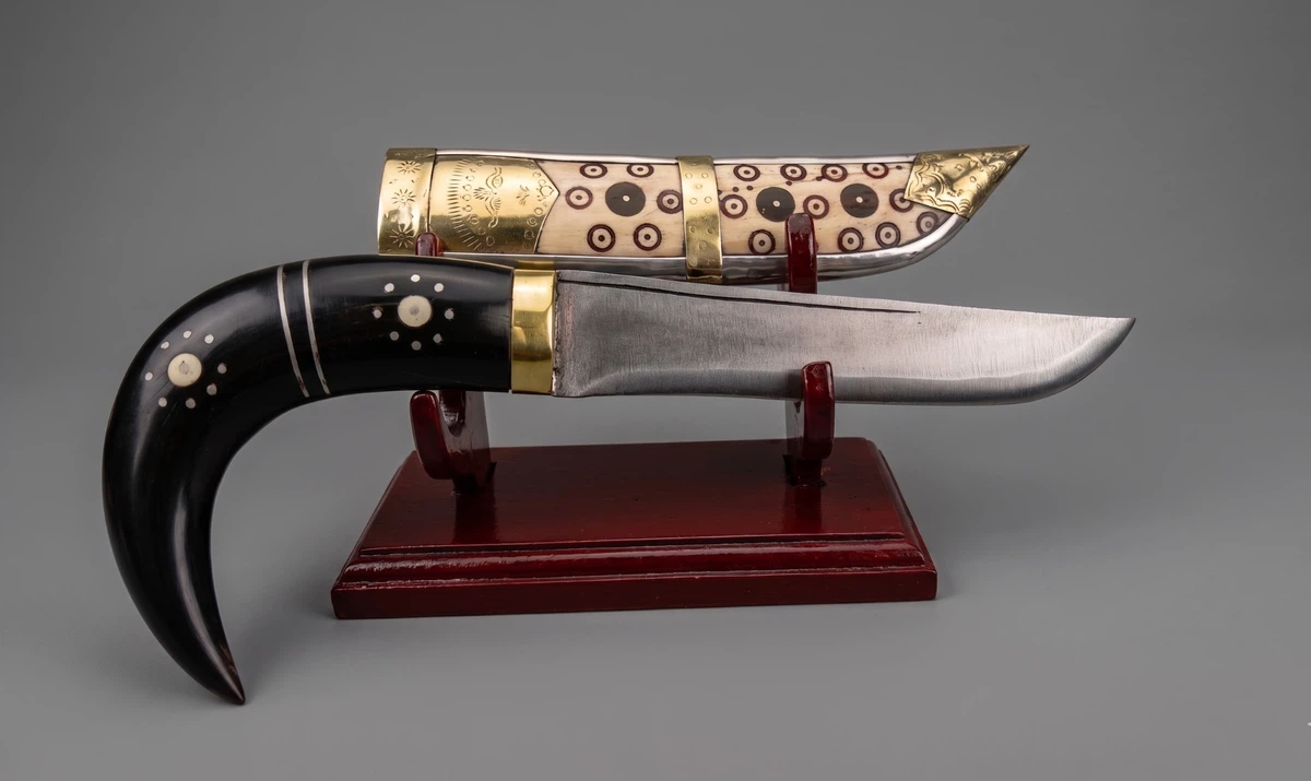 Tibetan Style Ritual Knife with Filigree Scabbard on Marble Stand