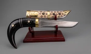 Tibetan Style Ritual Knife with Filigree Scabbard on Marble Stand